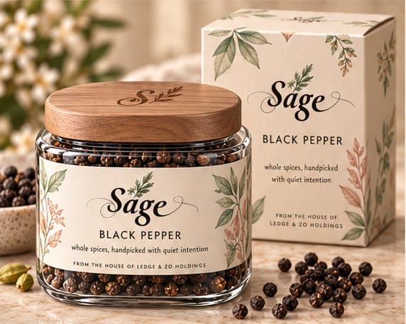 Sage whole black peppercorns in a glass jar with walnut lid