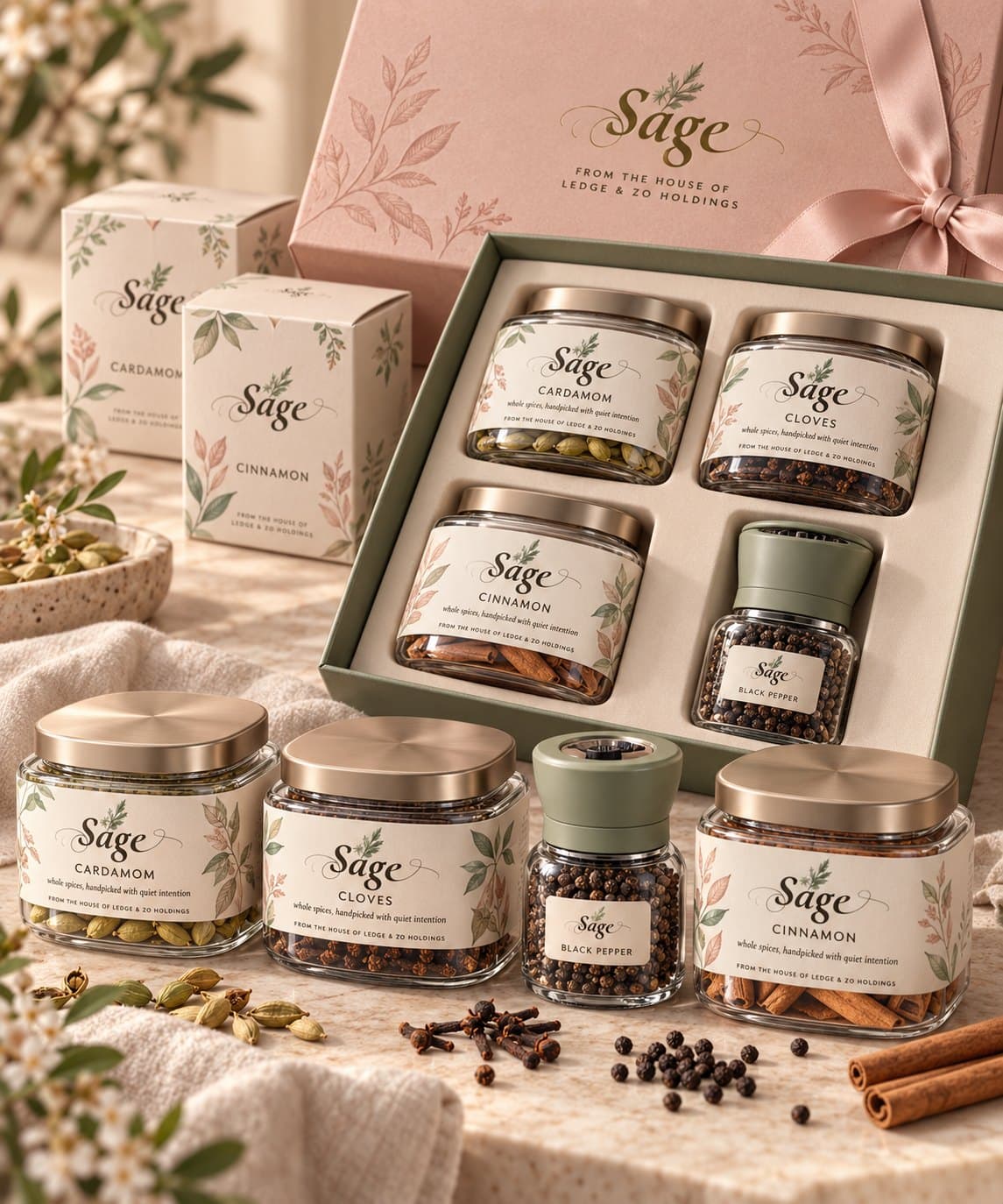 Sage Signature gift box in blush with brass-lid jars of cardamom, cloves, cinnamon and a pepper grinder