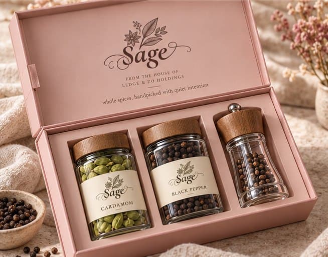 Blush pink Sage gift box with cardamom, black pepper and a pepper grinder