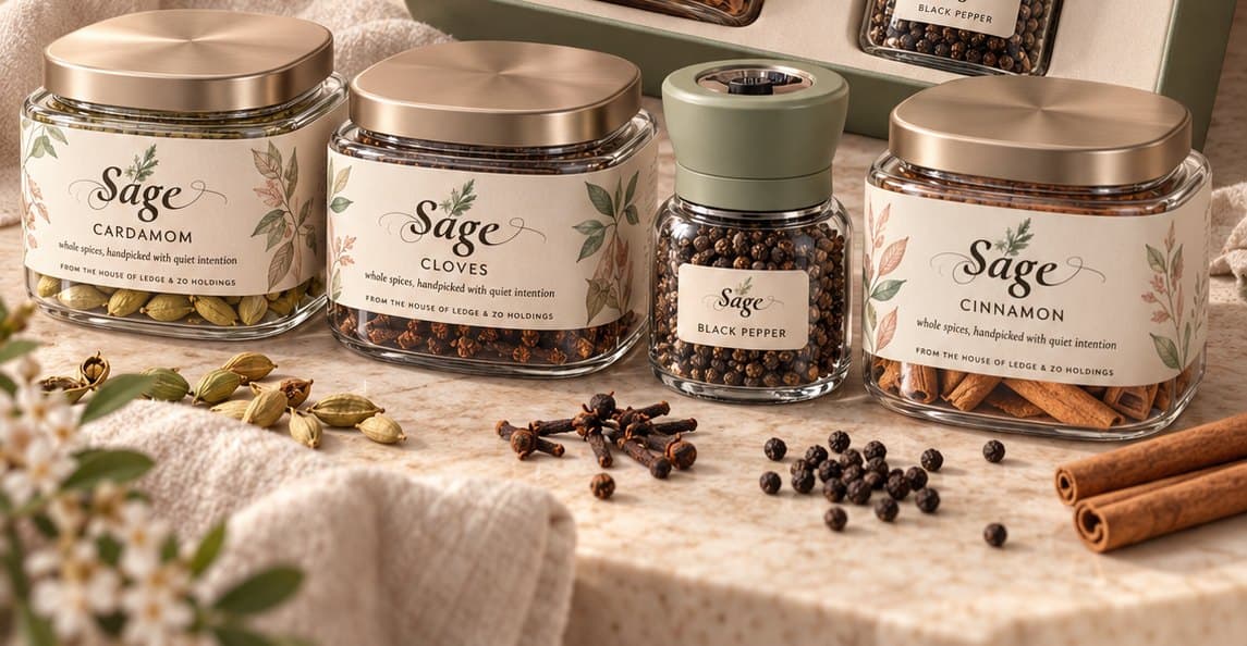 Sage square glass jars with brushed brass lids and a sage pepper grinder