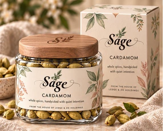 Sage premium green cardamom in a glass jar with walnut lid and matching gift carton