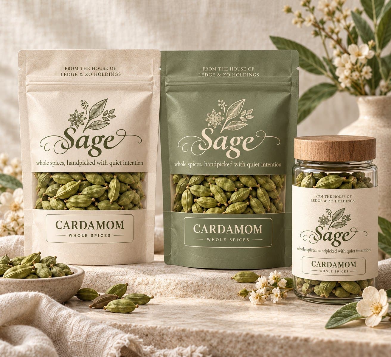 Sage green cardamom in cream and sage kraft pouches beside a glass jar with walnut lid