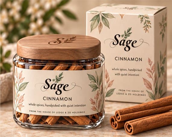 Sage cinnamon quills in a glass jar with walnut lid and gift carton