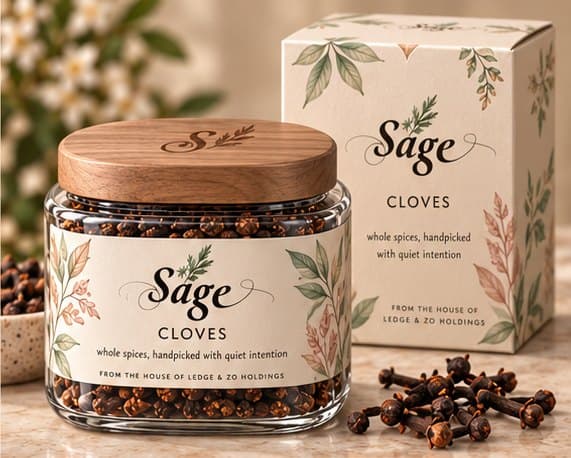 Sage whole cloves in a glass jar with walnut lid and botanical gift carton
