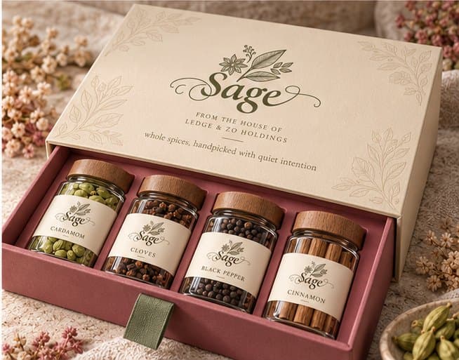 Cream and mauve Sage drawer gift box with four spice jars