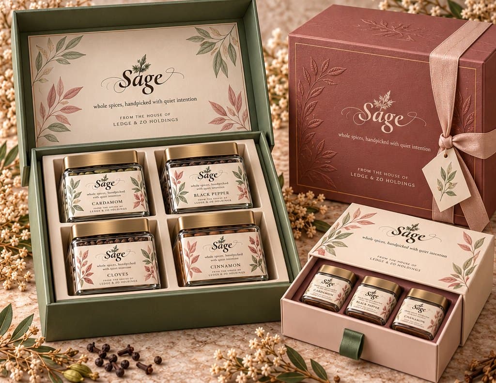 Sage gift boxes: sage green four-jar box, mauve ribbon box and blush drawer box