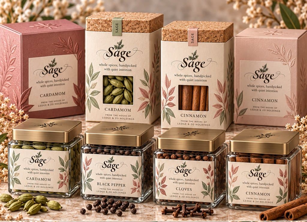 Sage spice cartons and square glass jars with brass lids – cardamom, black pepper, cloves and cinnamon