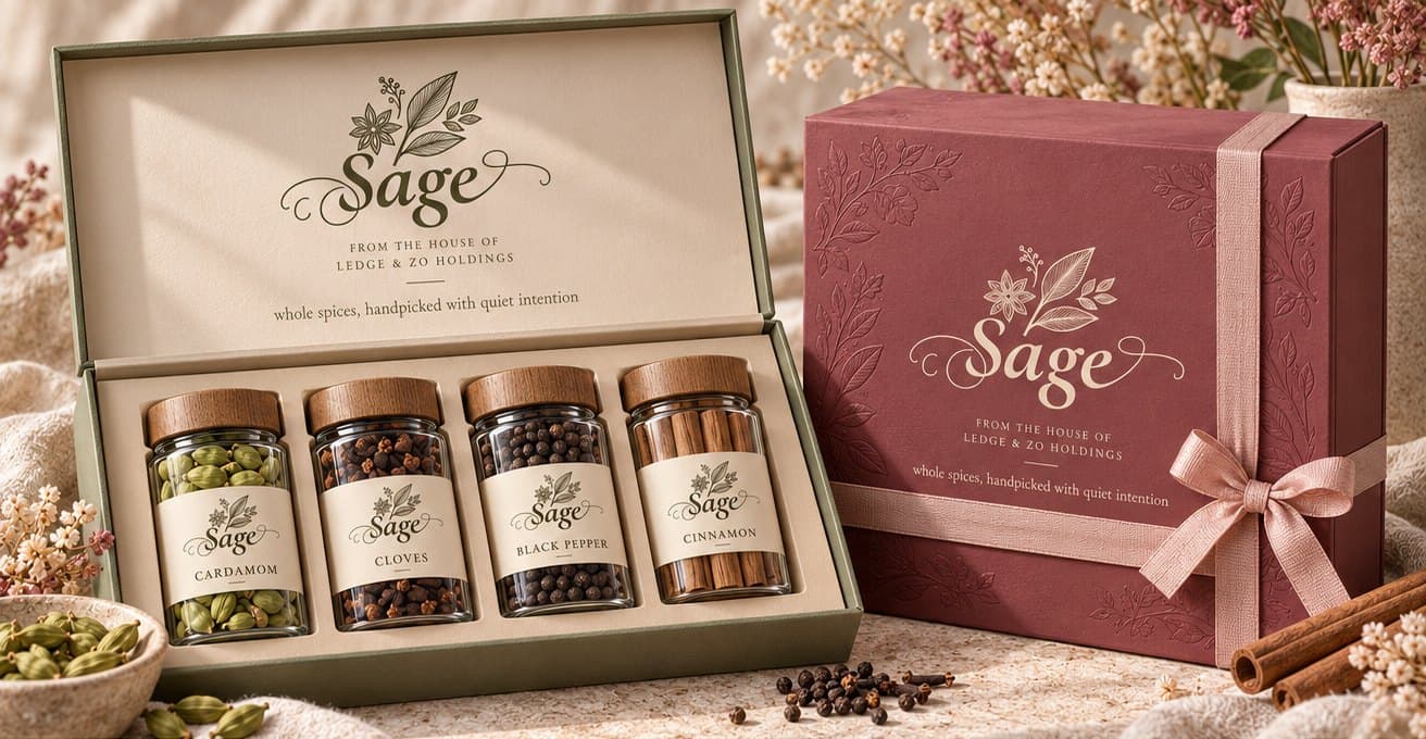 Sage hinged sage-green gift box with four spice jars beside a mauve ribbon box