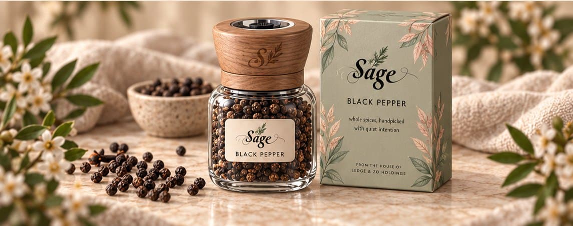 Sage black pepper grinder jar with wooden top beside a sage green carton